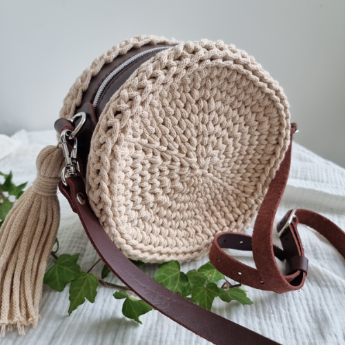 Baza do torebki, Moon Z 20/6, zestaw, olej, skórzana, skóra naturalna, okrągła, torebka wykonana na bazie moon ze sznurka bawełnianego premium cotton by mila