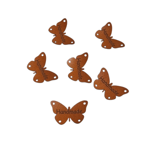 Etykieta "Handmade" motyl, eko skóra 3x2 cm rudy brąz nr 9