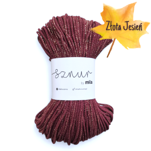 sznurek bawełniany 3 mm, glitter złota jesień burgund ze złotem