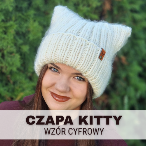 Dziewczynka w zielonej czapce na drutach, wzór Czapa Kitty by Prezesowa, prezentacja gotowego projektu w plenerze, Mila Druciarnia