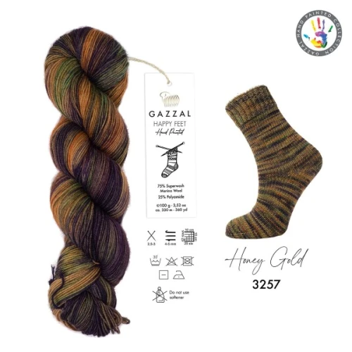 Włóczka Gazzal Happy Feet 3257 Honey Gold, skarpetkowa, skarpetowa, ręcznie farbowana, merino, merynos