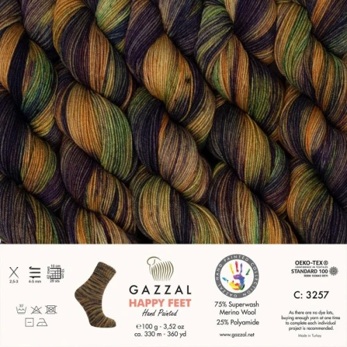 Włóczka Gazzal Happy Feet 3257 Honey Gold, skarpetkowa, skarpetowa, ręcznie farbowana, merino, merynos