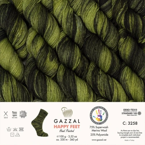 Włóczka Gazzal Happy Feet 3258 Rifle Green, skarpetkowa, skarpetowa, merynos, merino, ręcznie farbowana, skarpetki