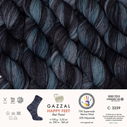 Włóczka Gazzal Happy Feet 3259 Goblin Blue, skarpetkowa, skarpetowa, skarpety, merino, merynos, ręcznie farbowana