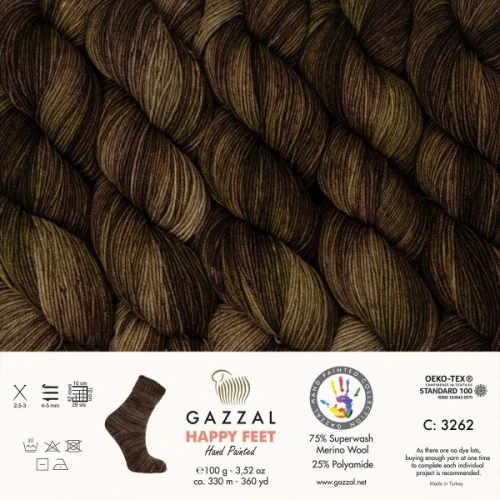 Włóczka Gazzal Happy Feet 3262 Dark Earth, skarpetkowa, skarpetowa, merino, ręcznie farbowana