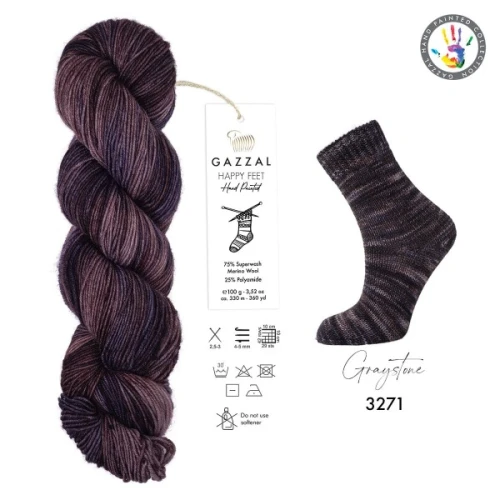 Włóczka Gazzal Happy Feet 3271 Gray Stone, skarpetkowa, skarpetowa, merino, merynos, ręcznie farbowana, skarpetki