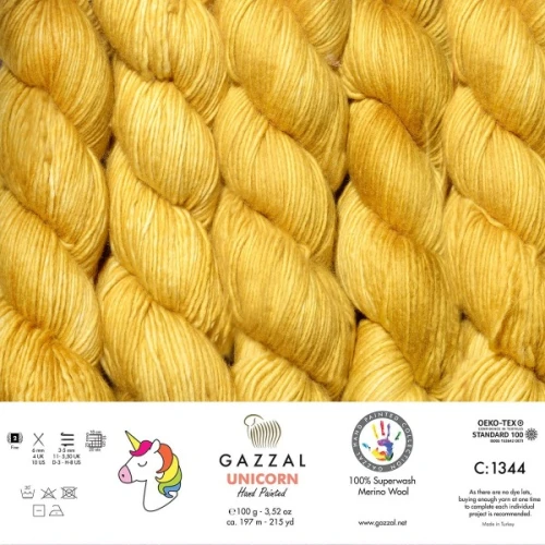 Włóczka Gazzal Unicorn 1344 żółta oliwa, merynos, merino, ręcznie farbowana, na czapkę
