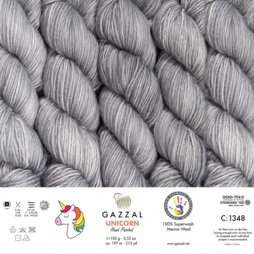 Włóczka Gazzal Unicorn 1348 szary, merino, merynos, ręcznie farbowana