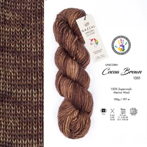 Włóczka Gazzal Unicorn 1351 czekoladowy, merino, merynos, ręcznie farbowana