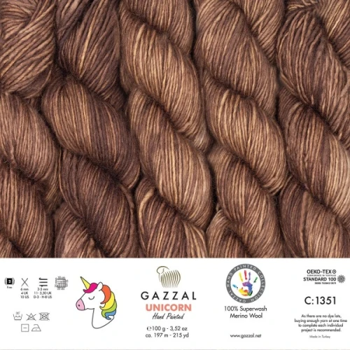 Włóczka Gazzal Unicorn 1351 czekoladowy, merino, merynos, ręcznie farbowana