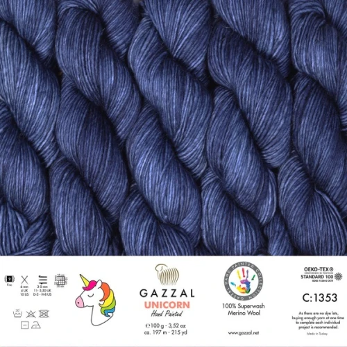 Włóczka Gazzal Unicorn 1353 Twilight Blue, merino, merynos, ręcznie farbowana