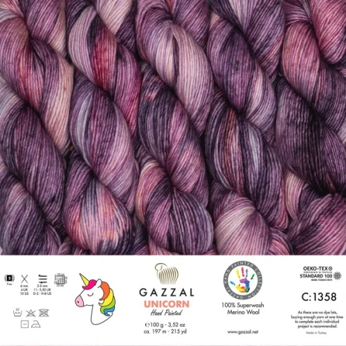 Włóczka Gazzal Unicorn 1358 Picasso Lily, merino, merynos, z merynosem, ręcznie farbowana