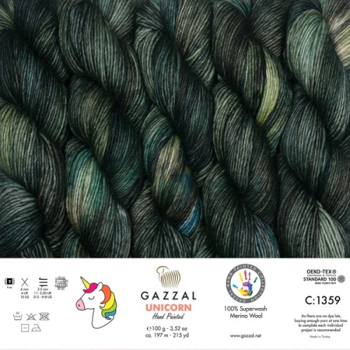 Włóczka Gazzal Unicorn 1359 Greengage, merino, merynos, ręcznie farbowana, z merynosa, na czapki