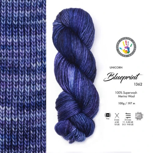 Włóczka Gazzal Unicorn 1362 Blueprint, merino, merynos, ręcznie farbowana