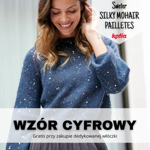 Wzór na sweter Silky Mohair Pailletes, z cekinami, wzór na druty dla początkująch
